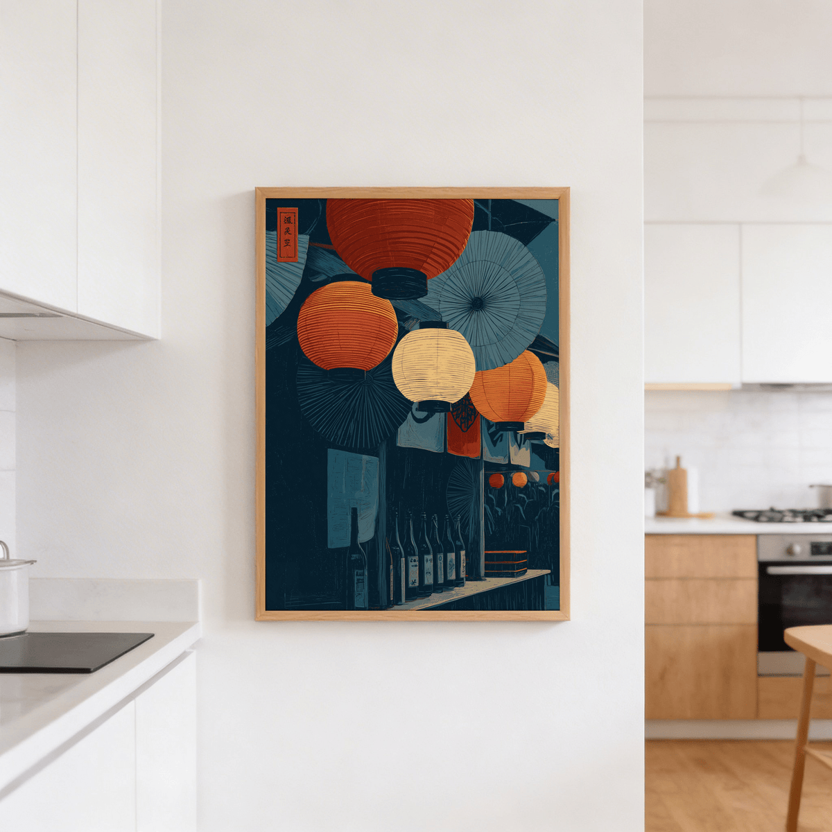 Japanese Lantern Wall Art with clustered lanterns over a bar-like scene