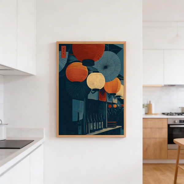 Japanese Lantern Wall Art with clustered lanterns over a bar-like scene