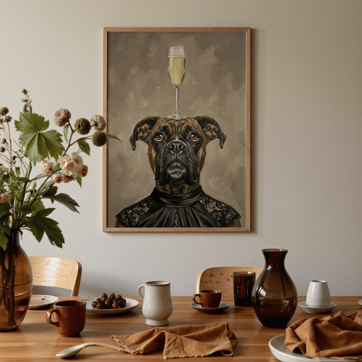 Boxer Dog Print poster for entryway, black, brown, beige blend