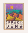 Framed mockup of Arrakis Dune Print poster with layered desert dunes and bold ARRakis Dune text