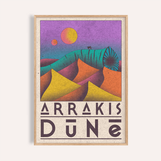 Framed mockup of Arrakis Dune Print poster with layered desert dunes and bold ARRakis Dune text