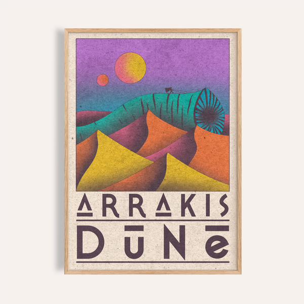Framed mockup of Arrakis Dune Print poster with layered desert dunes and bold ARRakis Dune text