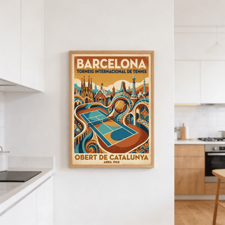 Large tennis ball motif framed by bold tournament lettering on clay court artwork