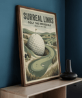 Typographic golf poster print reading GOLF THE IMPOSSIBLE above a surreal landscape