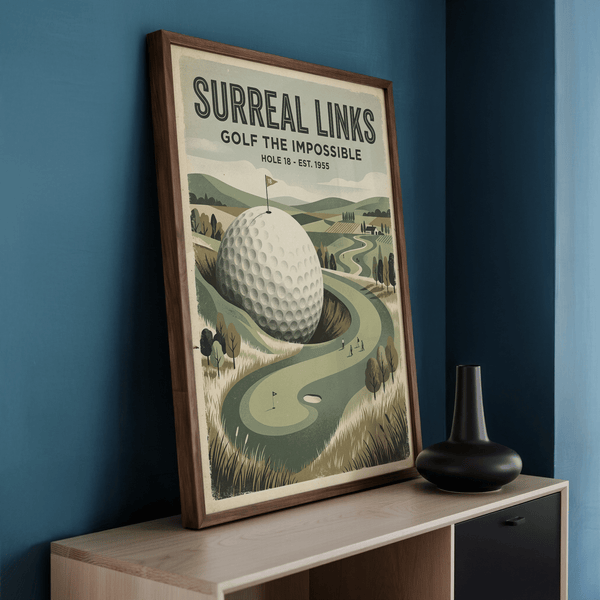 Typographic golf poster print reading GOLF THE IMPOSSIBLE above a surreal landscape