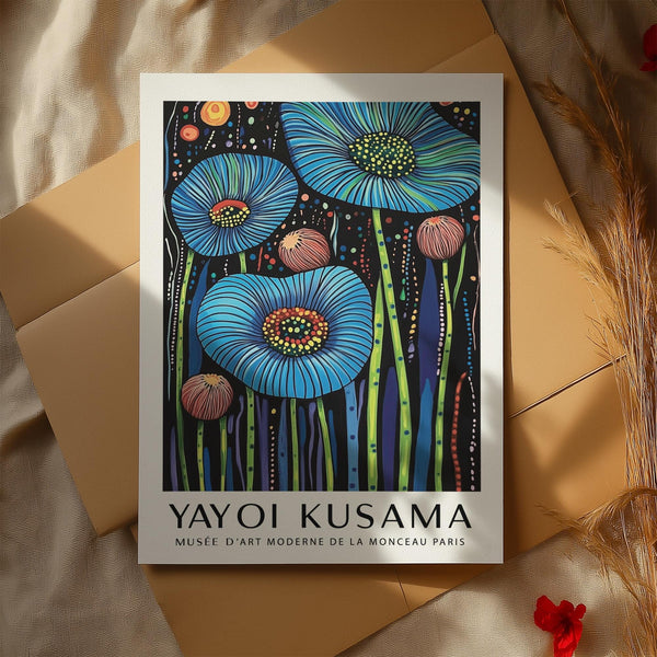 Wall Art Floral design with graphic flowers in shades of blue and orange.