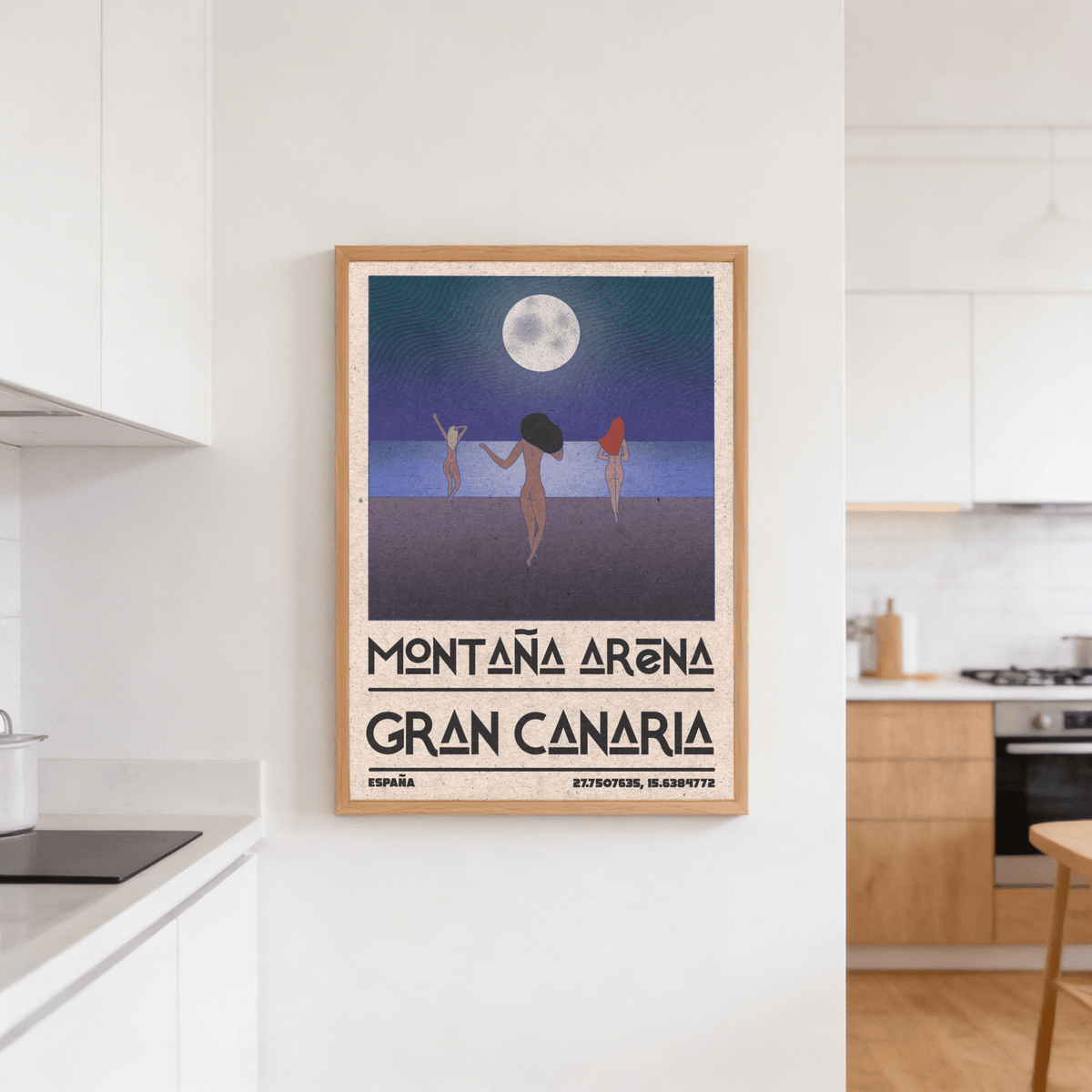 Minimal coastal wall art showing large moon over stylized sea stripes