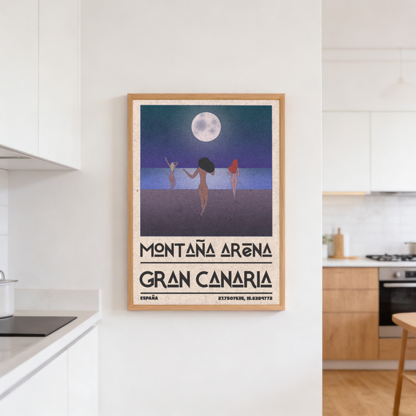 Minimal coastal wall art showing large moon over stylized sea stripes