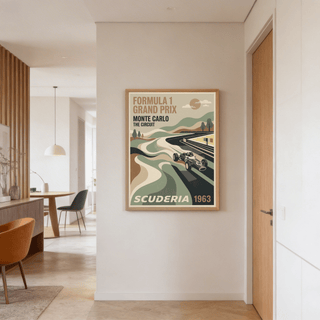 Vintage-style Monte Carlo circuit poster showing an open-wheel racer, road curve, and simplified horizon