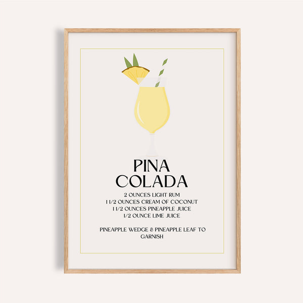 Piña Colada wall pictures for kitchen with yellow cocktail and pineapple garnish

