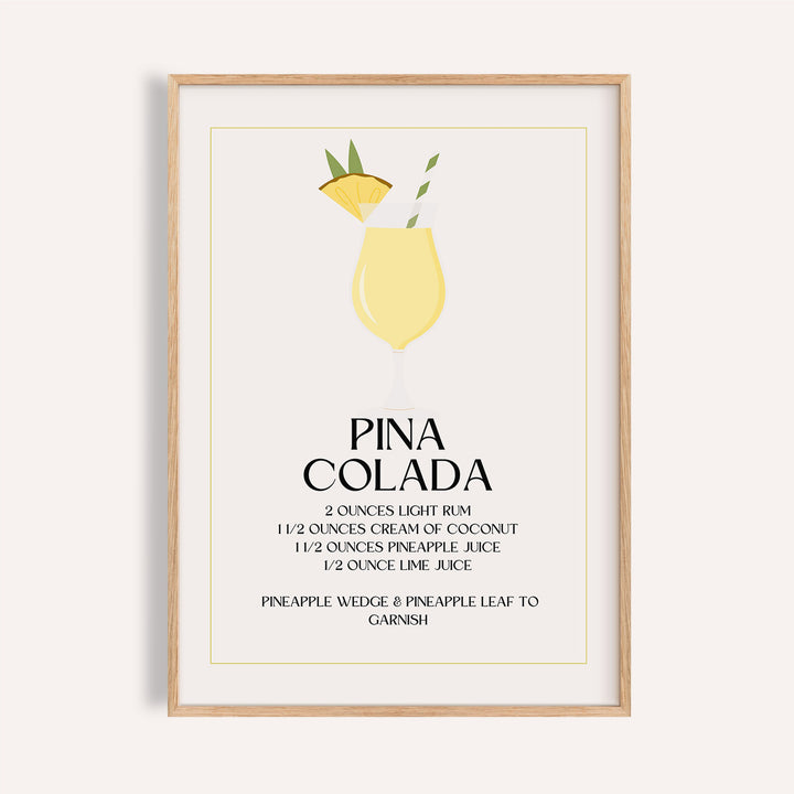Piña Colada wall pictures for kitchen with yellow cocktail and pineapple garnish

