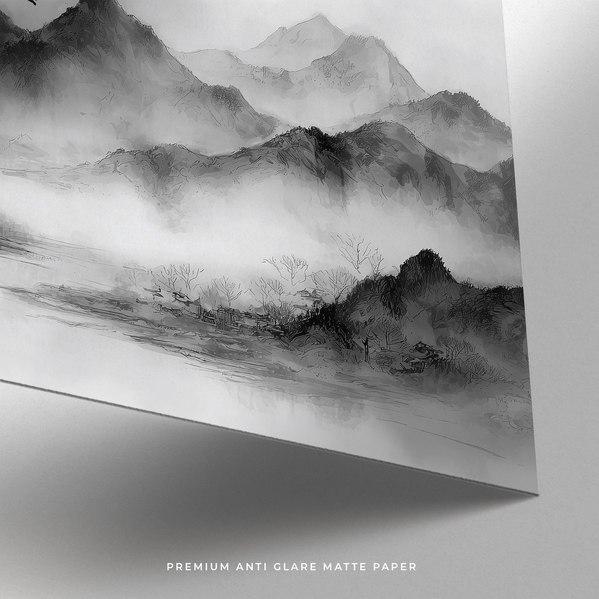 Black and White Landscape Print | Misty Mountain Scene