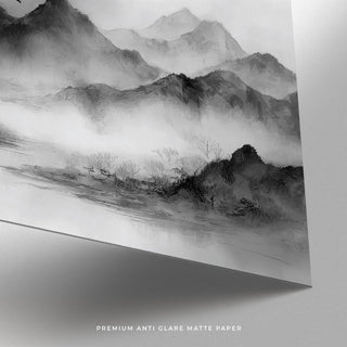 Pagoda nestled among fog and trees in ink wash, black and white landscape print.