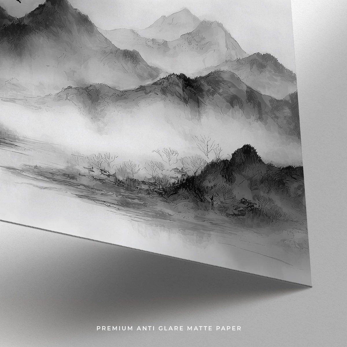 Pagoda nestled among fog and trees in ink wash, black and white landscape print.