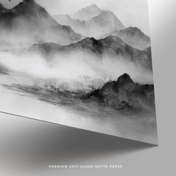 Pagoda nestled among fog and trees in ink wash, black and white landscape print.