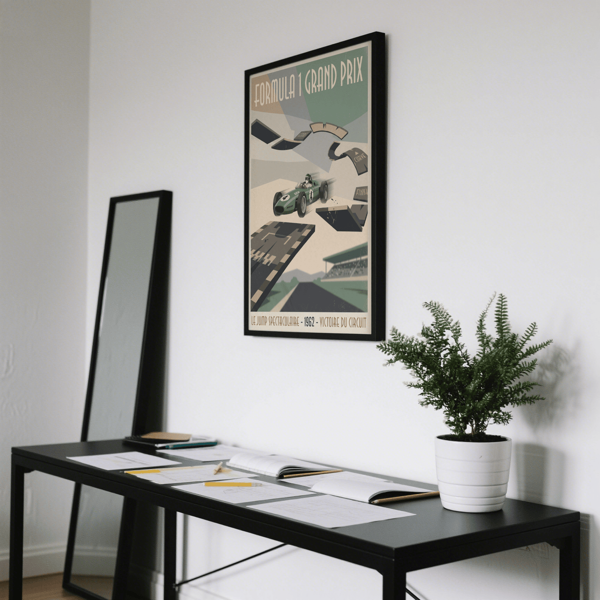 Poster print showing a Grand Prix circuit scene with large geometric shapes and negative space