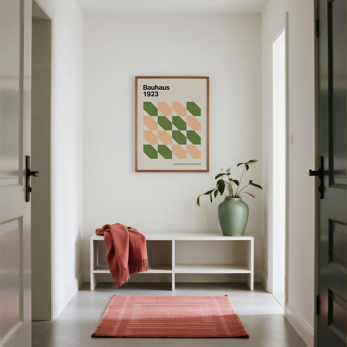 Diagonal structure and soft colors in art prints mid century style.