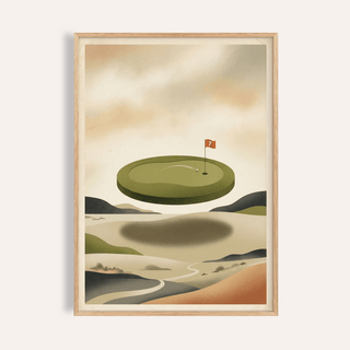 Featuring Abstract Golf Wall Art poster with floating putting green and flag