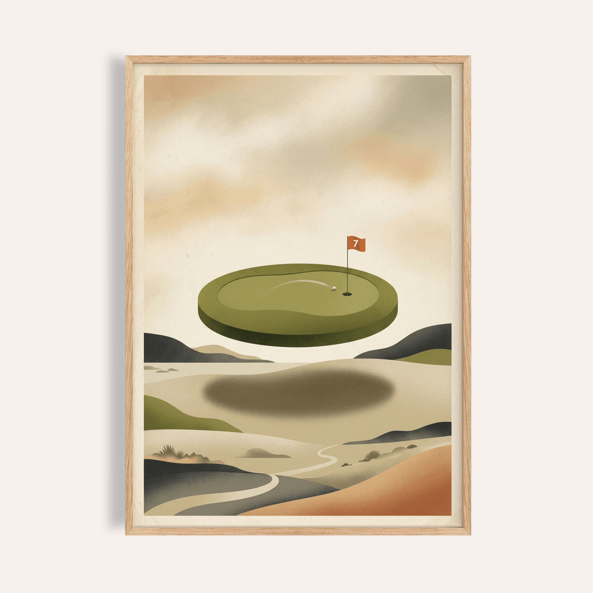 Featuring Abstract Golf Wall Art poster with floating putting green and flag