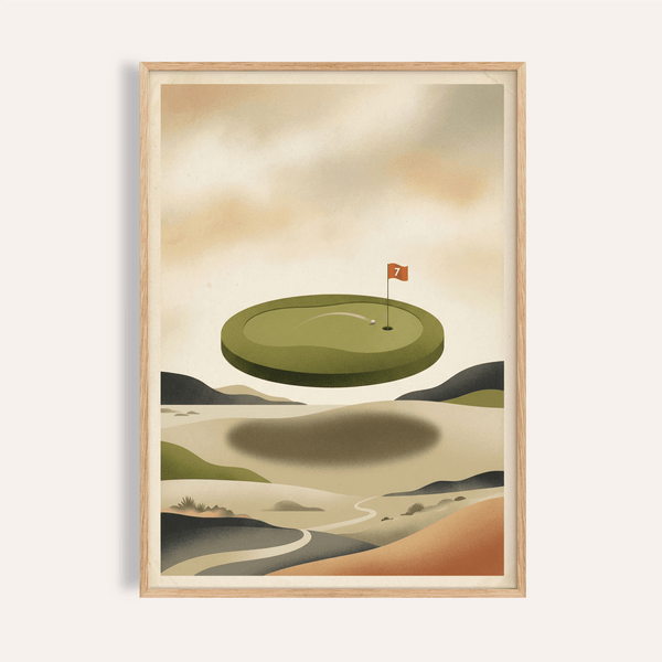 Featuring Abstract Golf Wall Art poster with floating putting green and flag