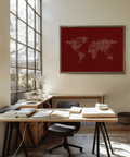 World Map Wall Poster in stylish red with beige for office art print