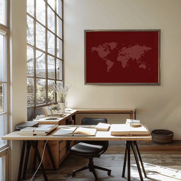 World Map Wall Poster in stylish red with beige for office art print