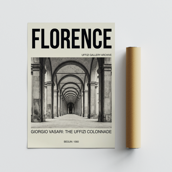 Monochrome Florence wall art poster with centered colonnade image and large header text