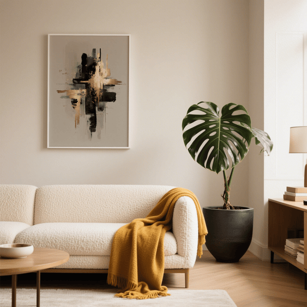 Contemporary Black and Gold Poster in Yellow, Beige, Black tones for bedroom decor