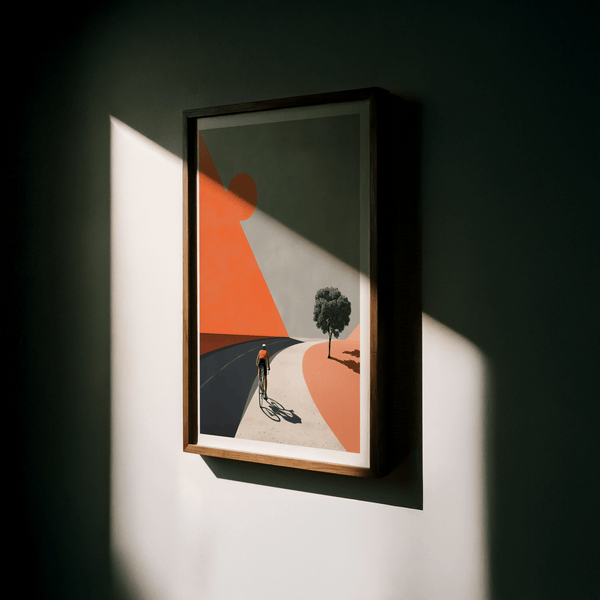 Rear view cycling poster with long road leading line and open negative space sky