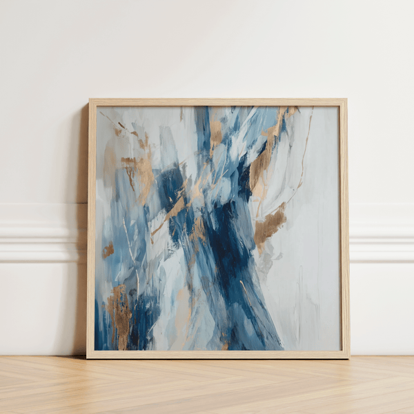 Abstract Blue Wall Art print, blue and gold tones for reading nook decor