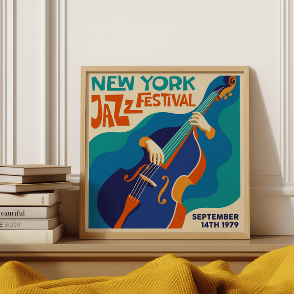 New York Jazz Festival Art Print with bold Blue and Green tones for bedroom poster