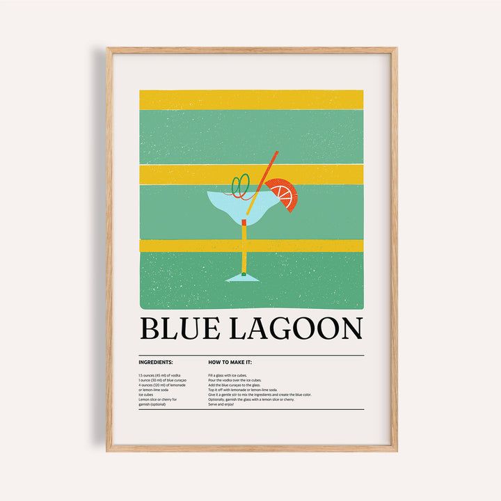 Blue and yellow kitchen wall picture with Blue Lagoon cocktail, perfect for bar decor


