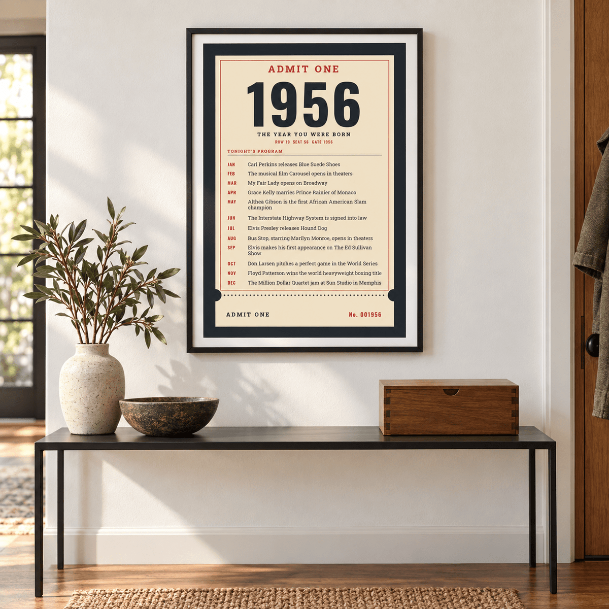 Ticket stub print with the year 1956 on a wall in a lived in room