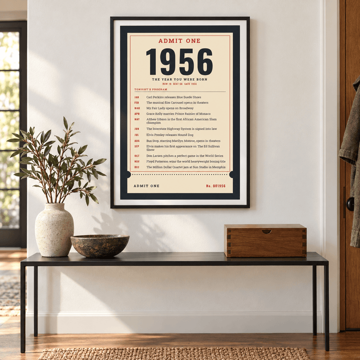 Ticket stub print with the year 1956 on a wall in a lived in room