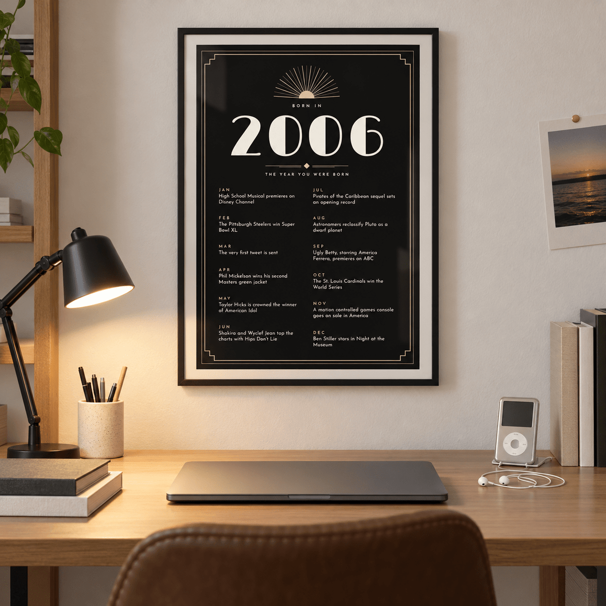 Black and champagne Art Deco 2006 print on a wall in a lived in room