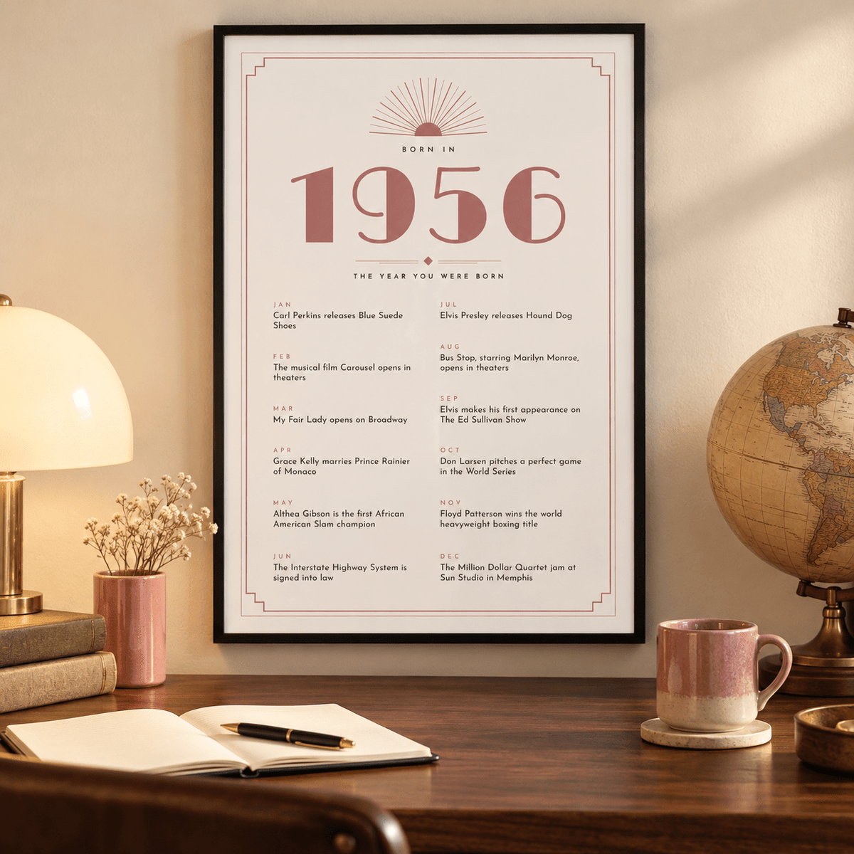 Cream and dusty rose Deco print of 1956 on a wall in a lived in room