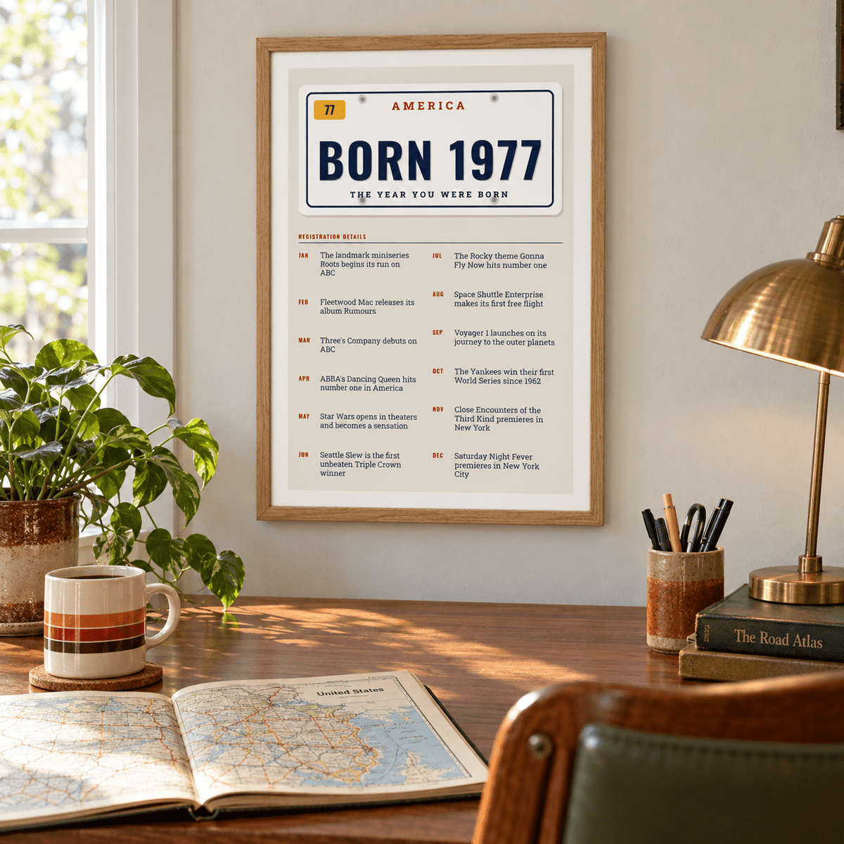 License plate print reading BORN 1977 on a wall in a lived in room