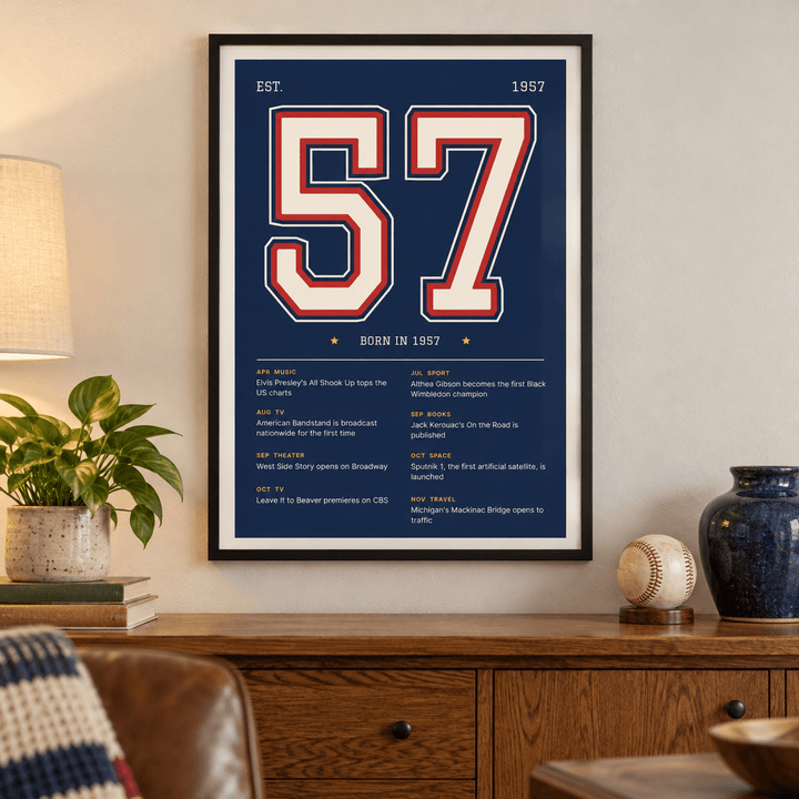 Navy varsity print of 1957 on a wall in a lived in room