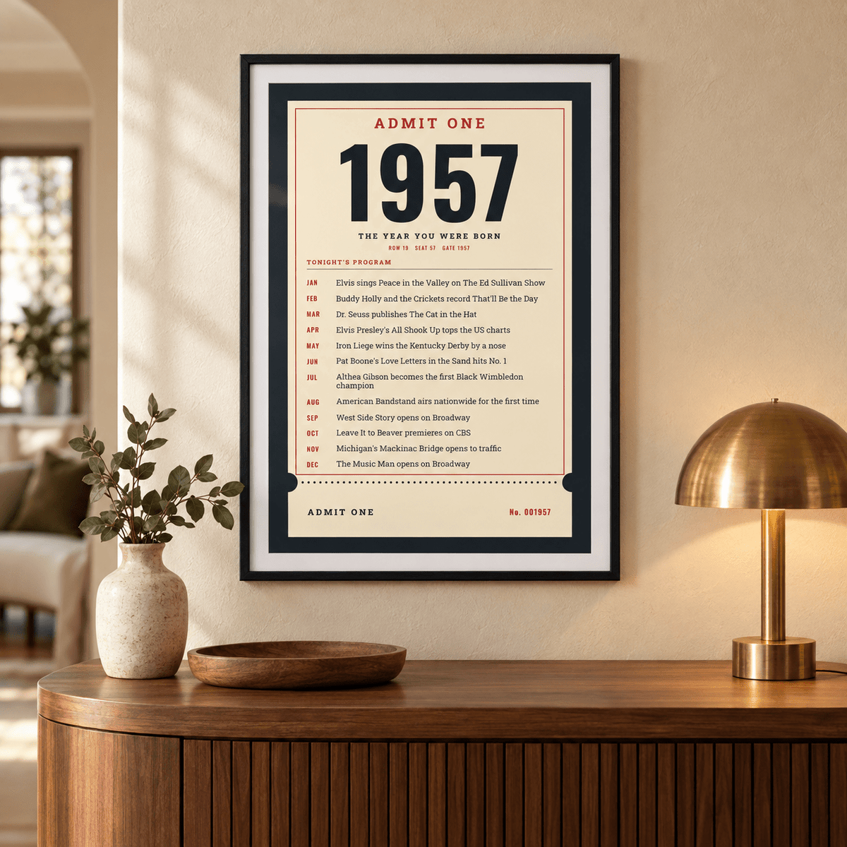 Ticket stub print with the year 1957 on a wall in a lived in room