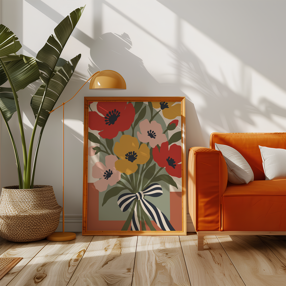 Poppies tied with a striped ribbon beside an orange sofa in a sunny living room