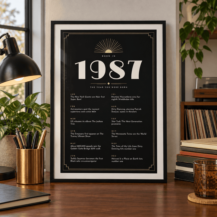Black and champagne Art Deco 1987 print on a wall in a lived in room