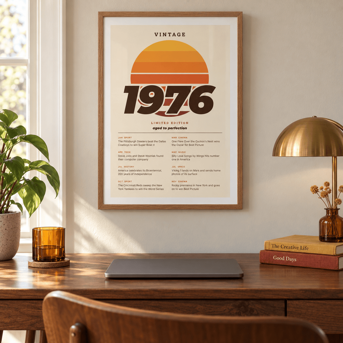 Retro sunset print with 1976 in italic lettering on a wall in a lived in room