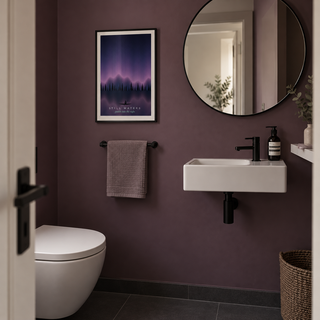 Purple northern lights forest lake print in a cloakroom against a plum wall