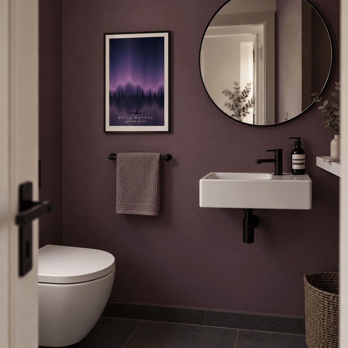 Purple northern lights forest lake print in a cloakroom against a plum wall