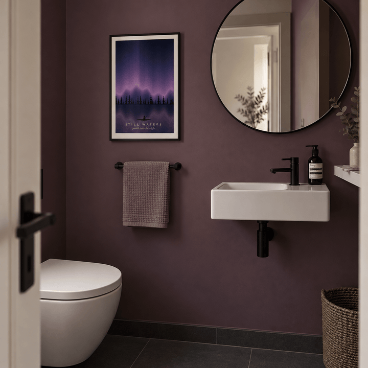 Purple northern lights forest lake print in a cloakroom against a plum wall