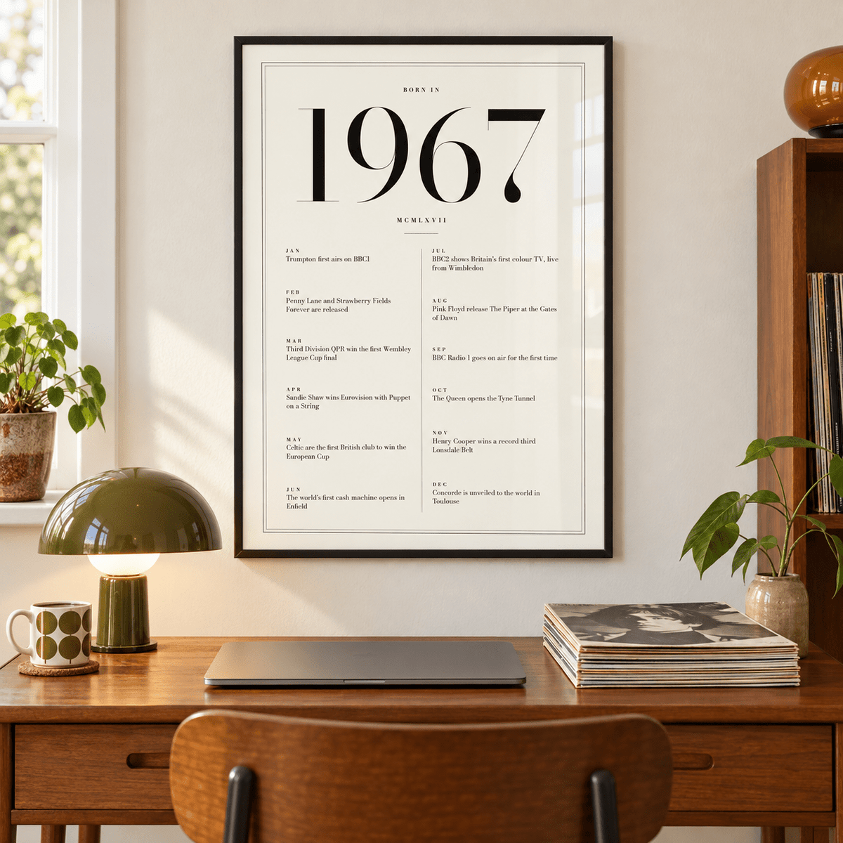 White and black 1967 birth year print on a wall in a lived in room