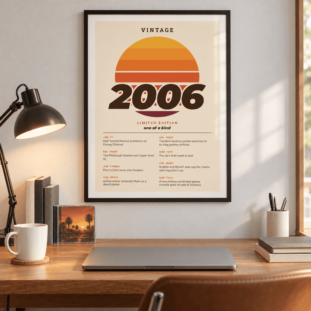 Retro sunset print with 2006 in italic lettering on a wall in a lived in room