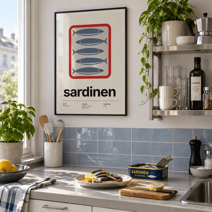 Five sardines in a red tin print on a shelf in a tile kitchen