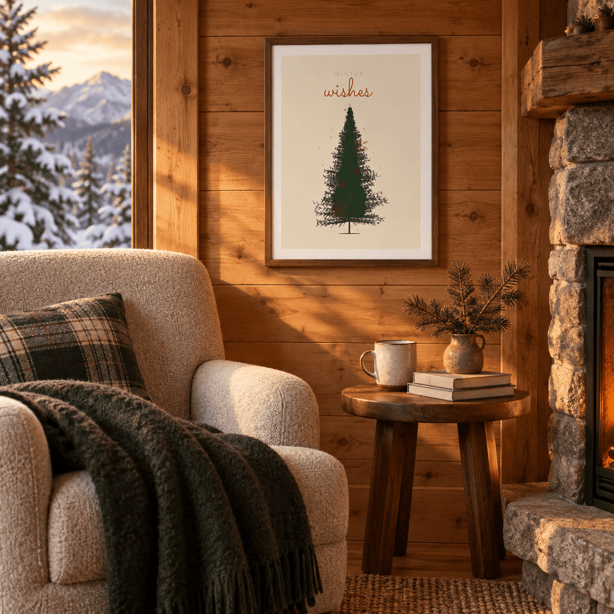 Drawn Christmas tree print on cream in an alpine reading corner at Christmas