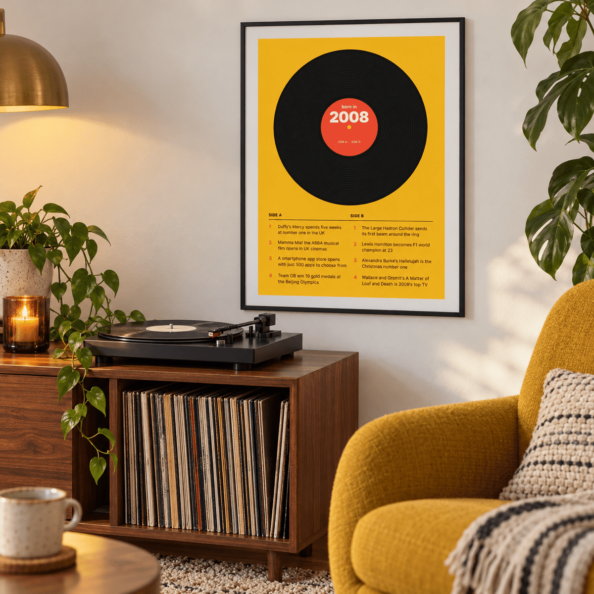Black vinyl record print with a 2008 label on a wall in a lived in room
